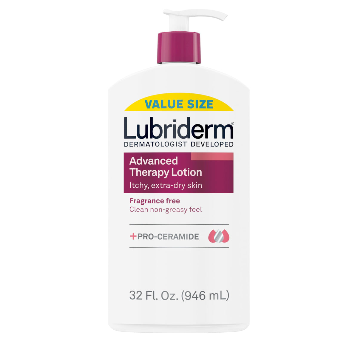 Lubriderm Advanced Therapy fragrance-free bottle 32oz demonstrates long-lasting hydration