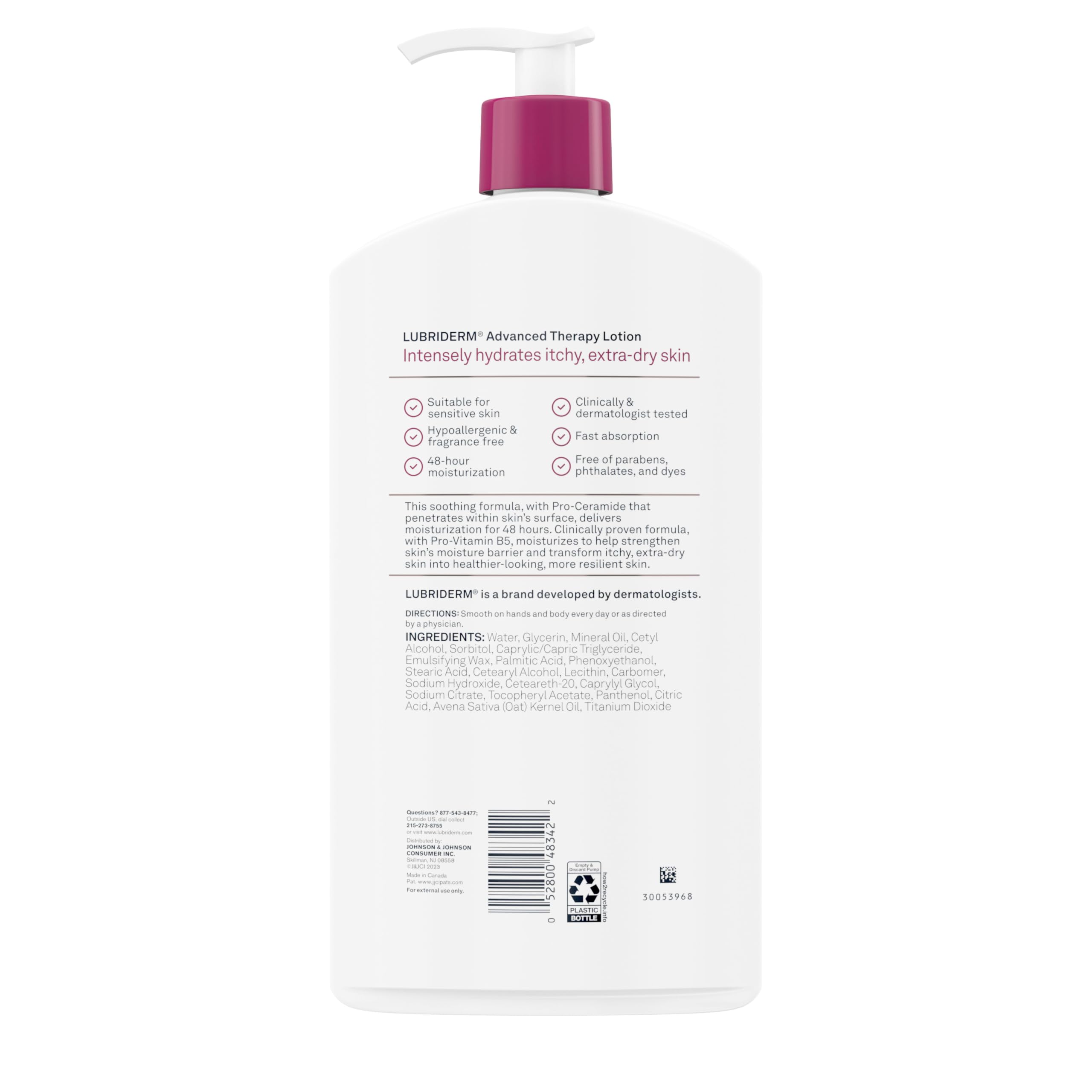Lubriderm Advanced Therapy fragrance-free bottle highlights Pro-Ceramide and Pro-Vitamin B5