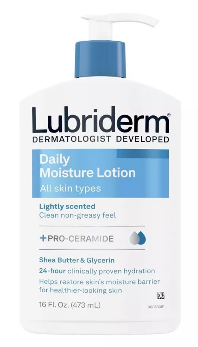 Lubriderm Daily Moisture bottle on a bathroom counter for everyday skin hydration.