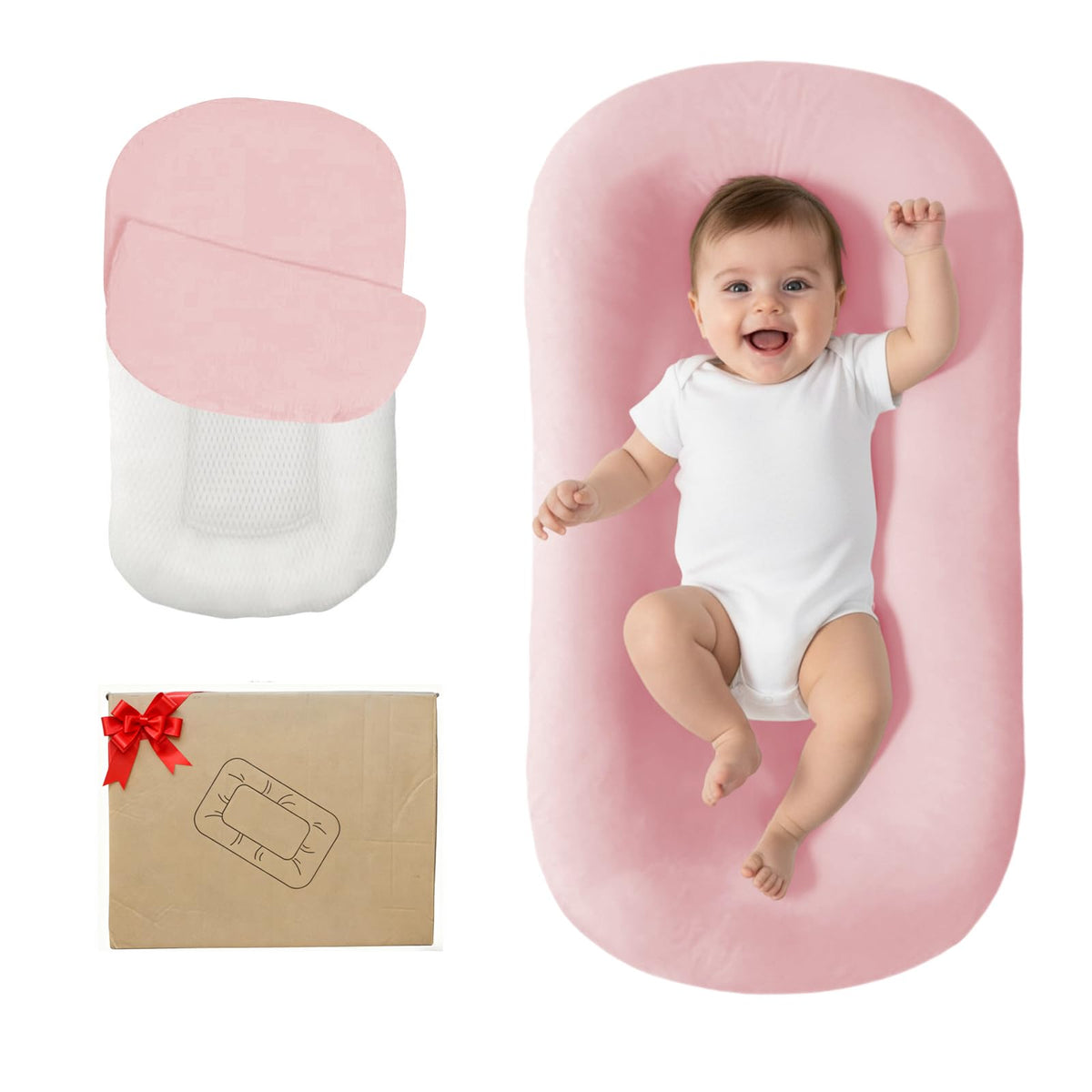 Lucakuins Baby Lounger pink soft cover for cozy snuggling and gentle newborn comfort.