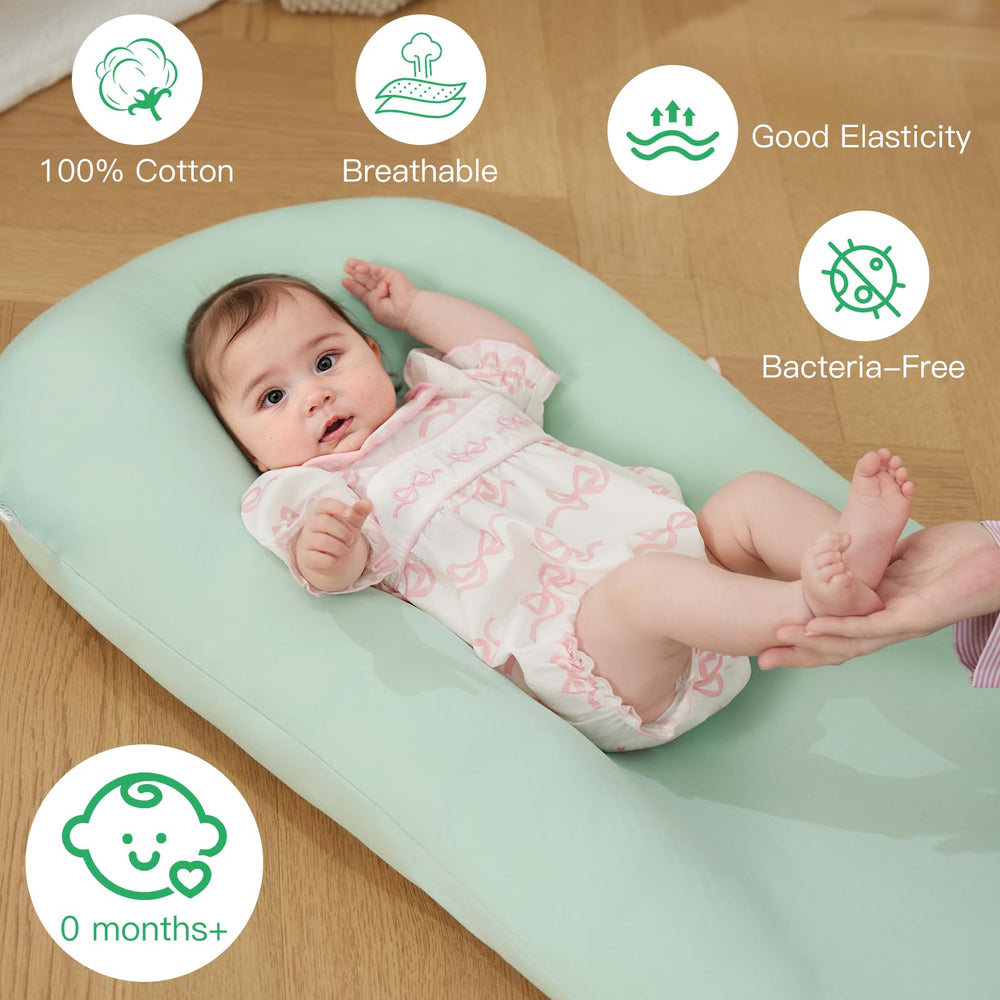 Lucakuins newborn support cushion provides soft, breathable cotton comfort.
