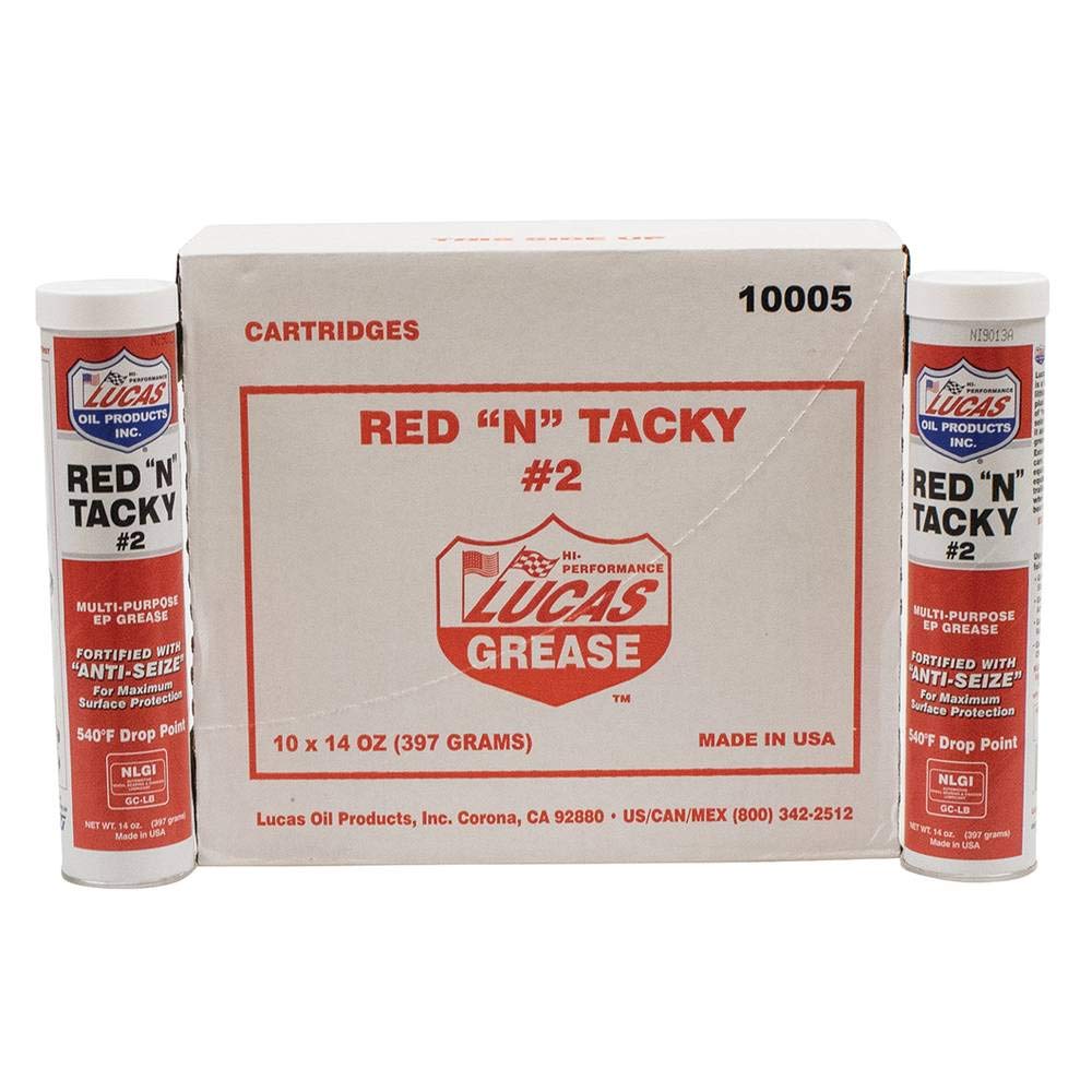 Lucas Oil Red N Tacky Grease 10-pack tubes ready for bulk lubrication.