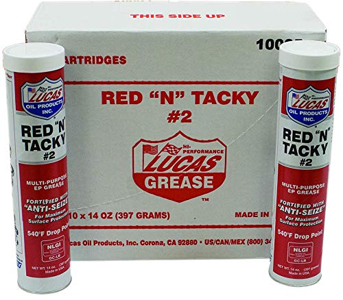 Close-up of Lucas Oil Red N Tacky Grease tube for precise application.