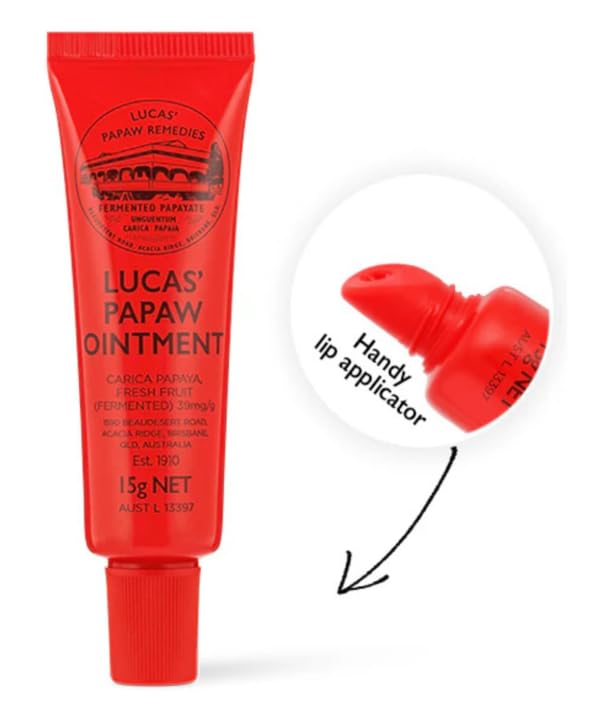Lucas Papaw Ointment lip applicator tip visible for easy application.