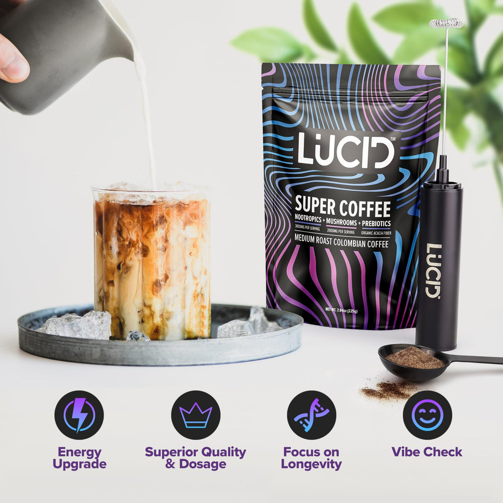 Lucid mushroom coffee instant powder dissolving in water.