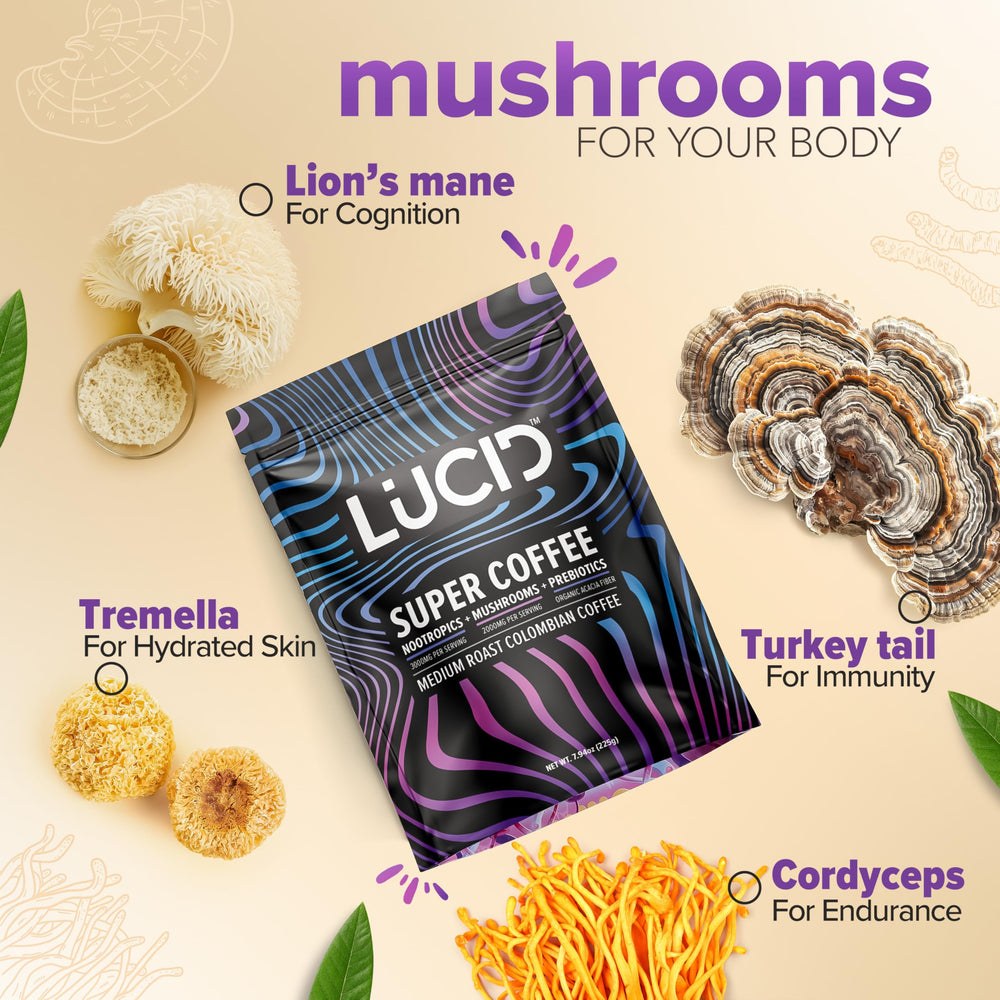 Lucid mushroom coffee Tremella bottle on countertop for smooth flavor.