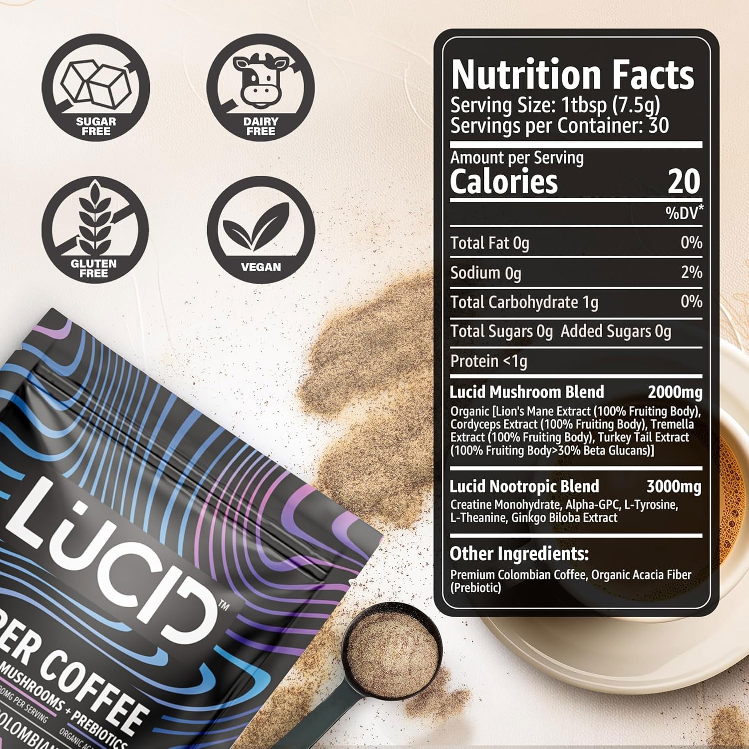 Lucid mushroom coffee USA made label on pouch.