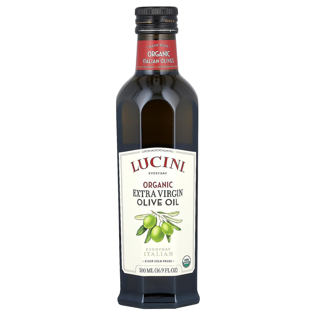 Lucini Organic Everyday Olive Oil bottle for cooking and drizzling with balanced flavor