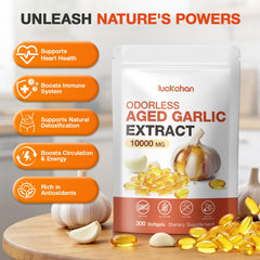 LUCKCHAN aged garlic extract label close-up showing gluten-free and non-GMO quality.