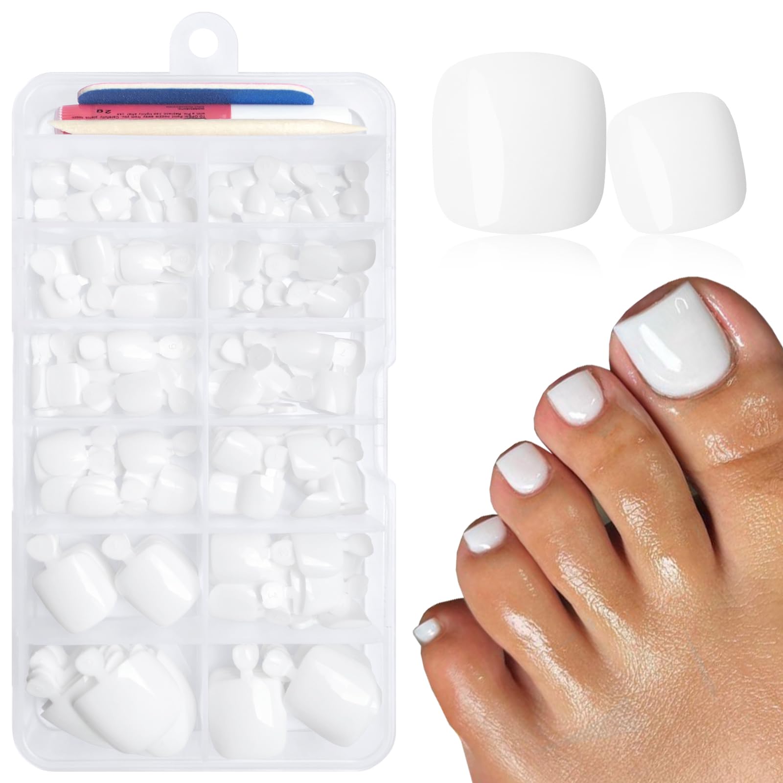 LuckForever 168pc white toenails in 12 sizes for customizable fit.
