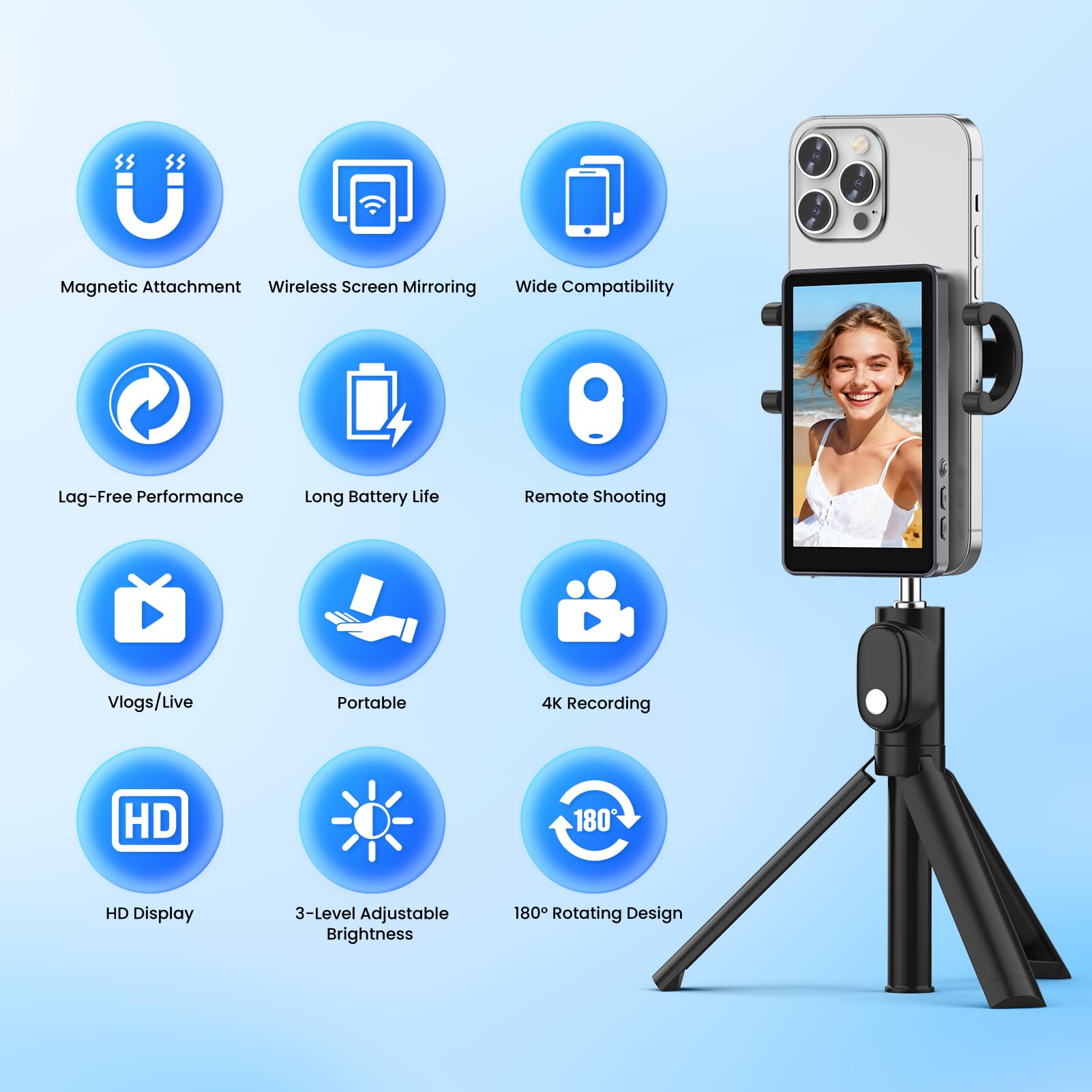 Lucksky selfie monitor displaying rear-camera view for sharp vlogs.