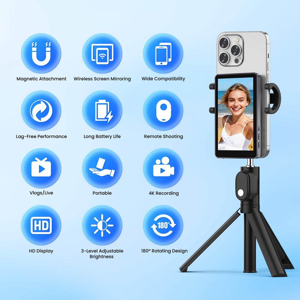 Lucksky selfie monitor displaying rear-camera view for sharp vlogs.