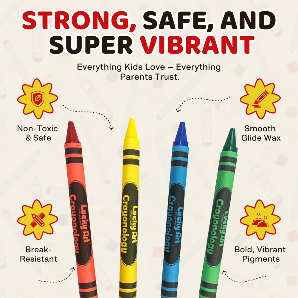 Lucky Art Crayonology 80-count non-toxic crayons shown for safe kids coloring