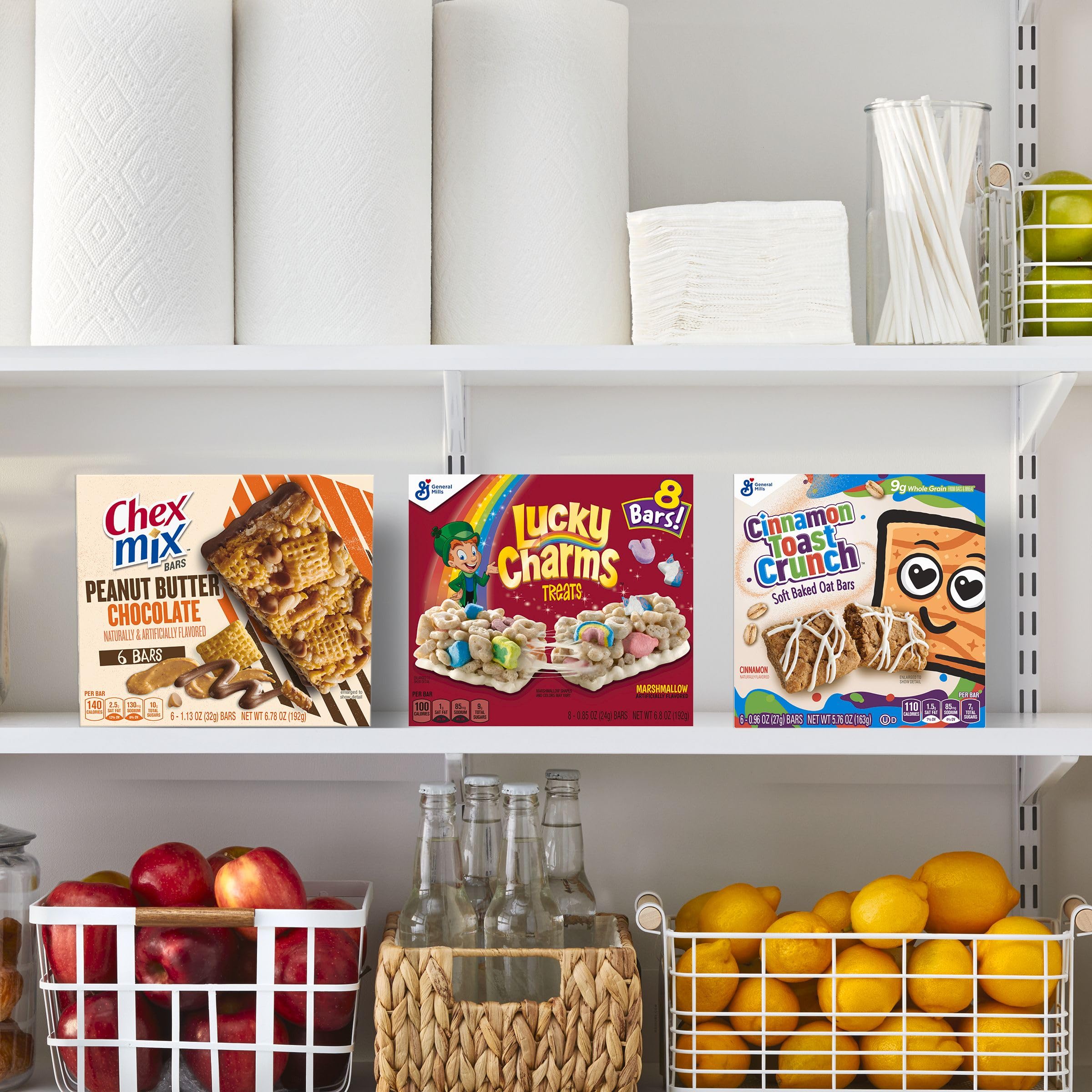 Lucky Charms breakfast bars stored in kitchen pantry for quick mornings.