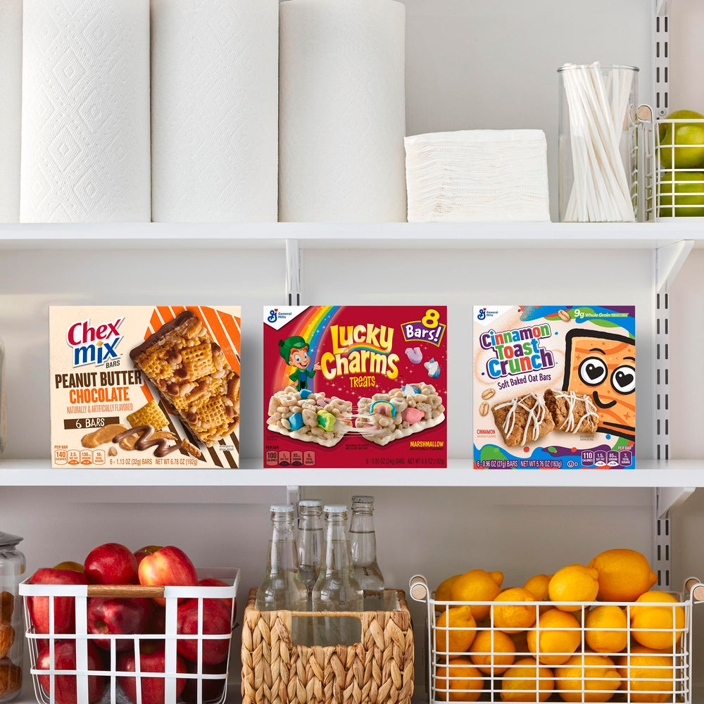 Lucky Charms breakfast bars stored in kitchen pantry for quick mornings.