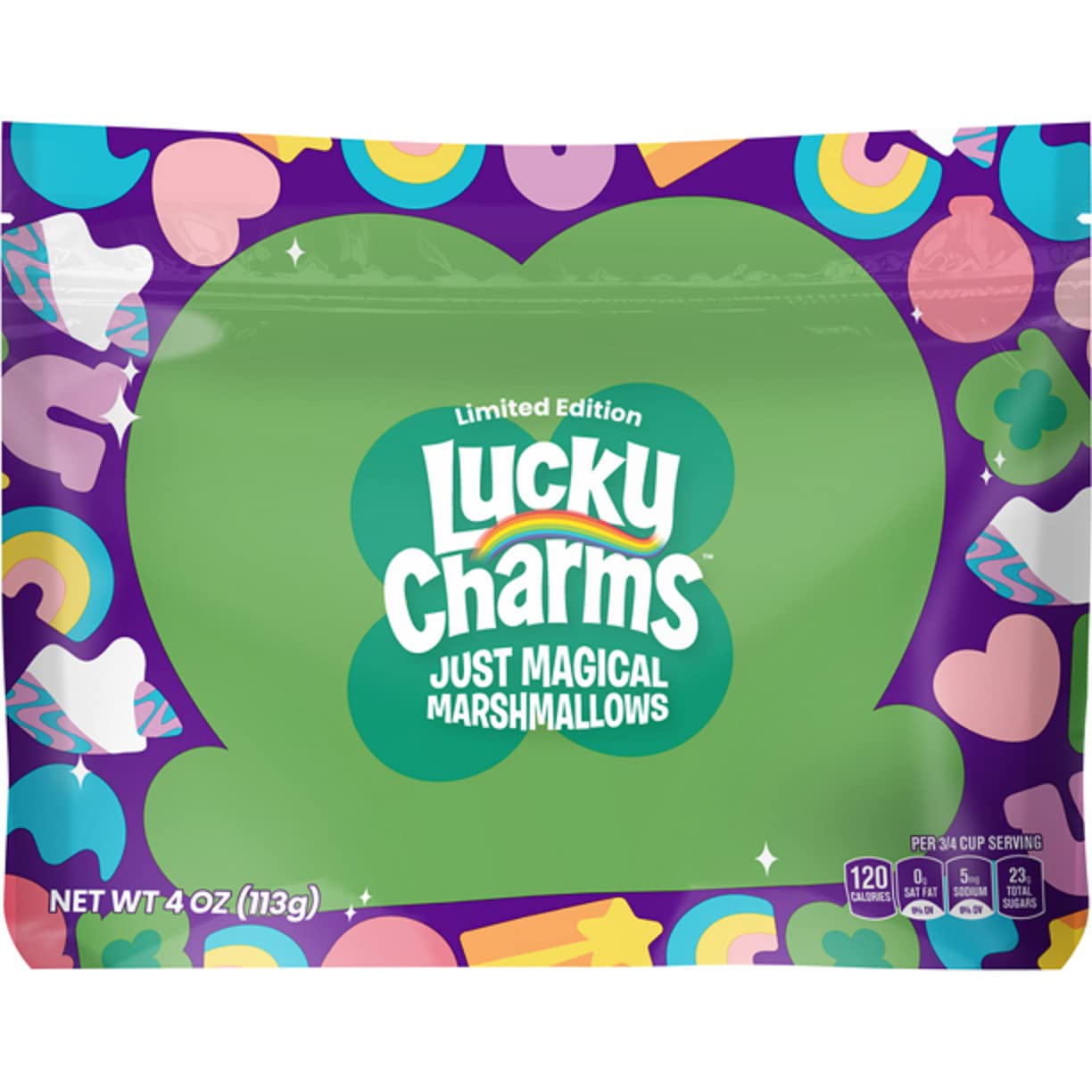 Lucky Charms limited edition packaging variation with colorful marshmallows.