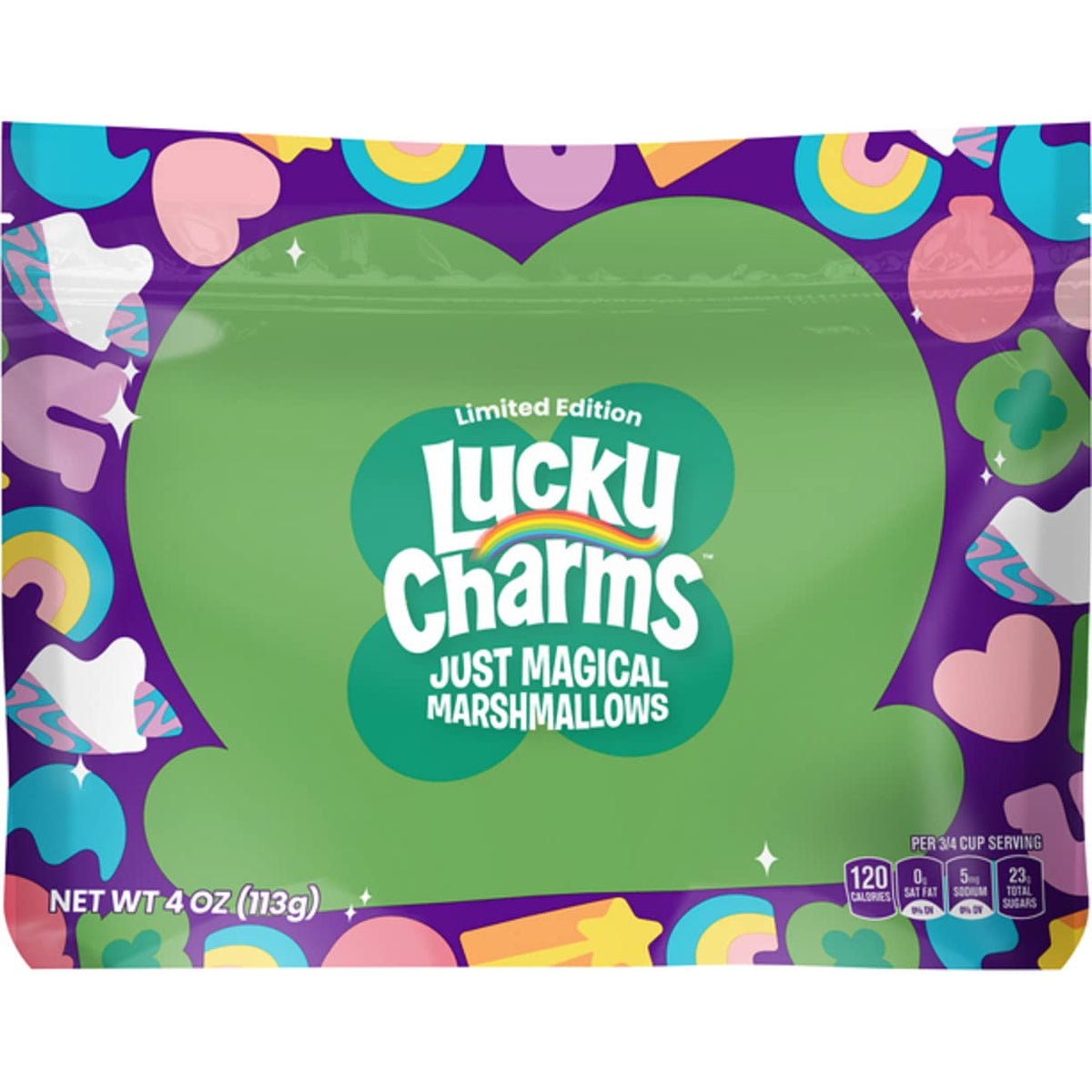Lucky Charms limited edition packaging variation with colorful marshmallows.
