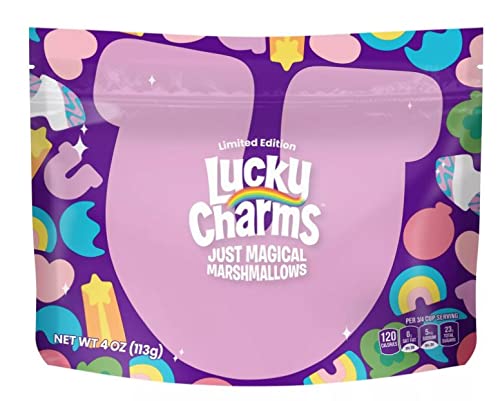 Resealable pouch maintains freshness for Lucky Charms marshmallows.