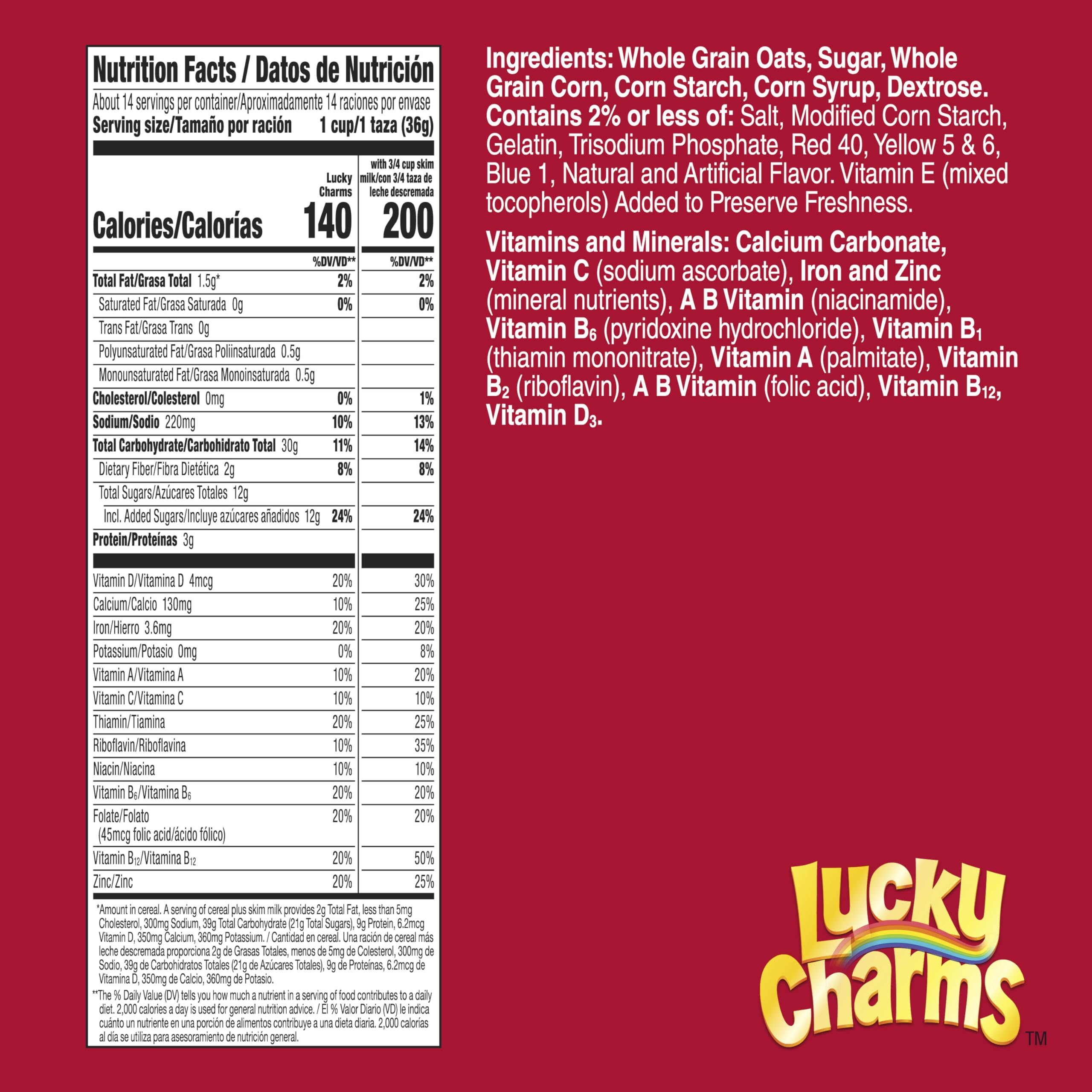 Lucky Charms gluten free cereal family-size box, 18.6 oz, sharing-friendly.