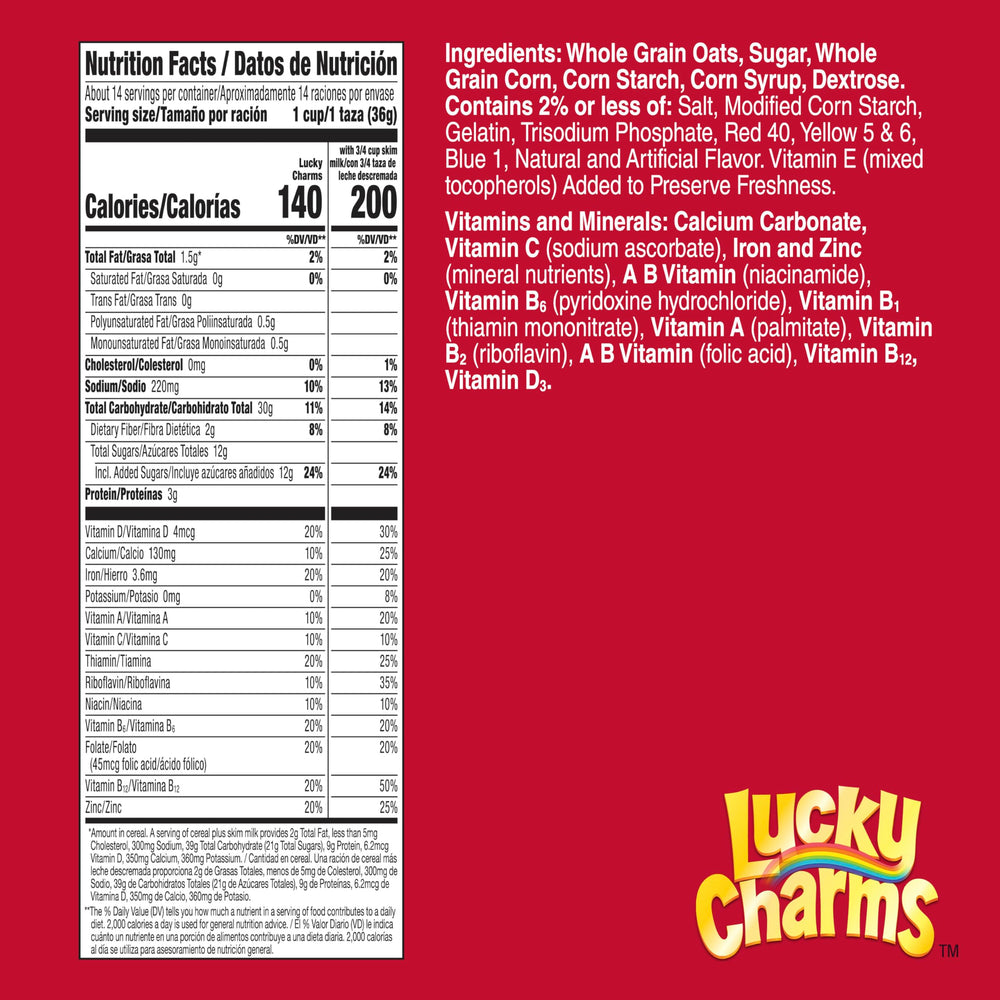 Lucky Charms gluten free cereal family-size box, 18.6 oz, sharing-friendly.