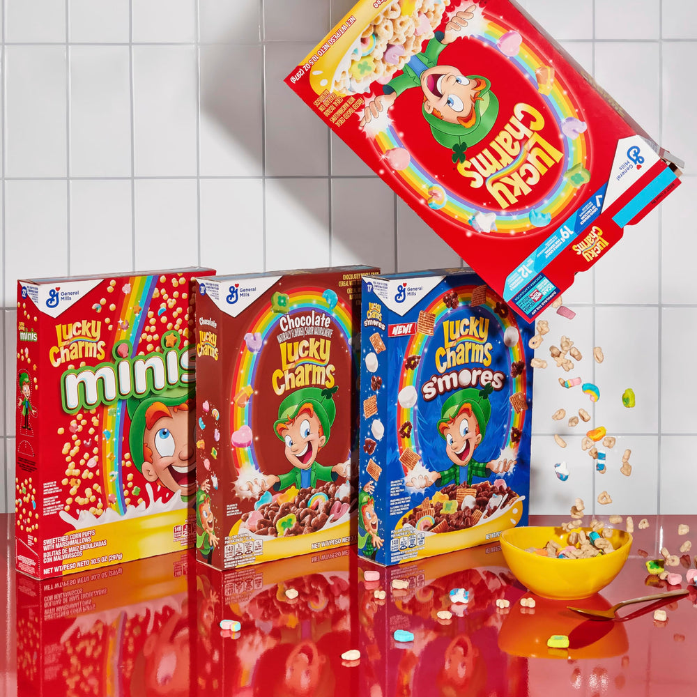 Road trip snack for Lucky Charms in a colorful cereal tray.