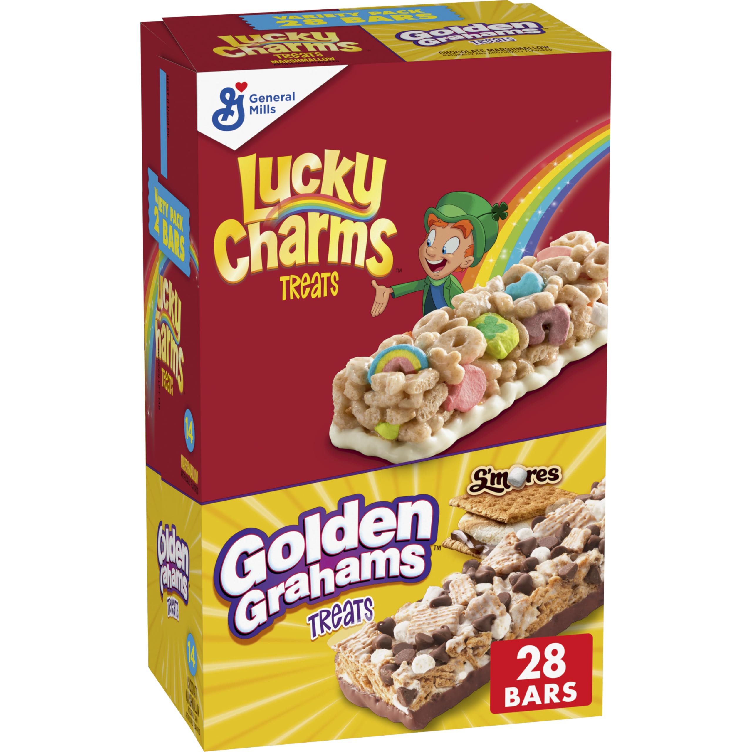 Lucky Charms variety pack box on shelf showing two flavors for convenient snacking.