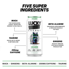 Lucky Energy OG Luck ingredients graphic highlighting maca and ginseng for sharper focus.