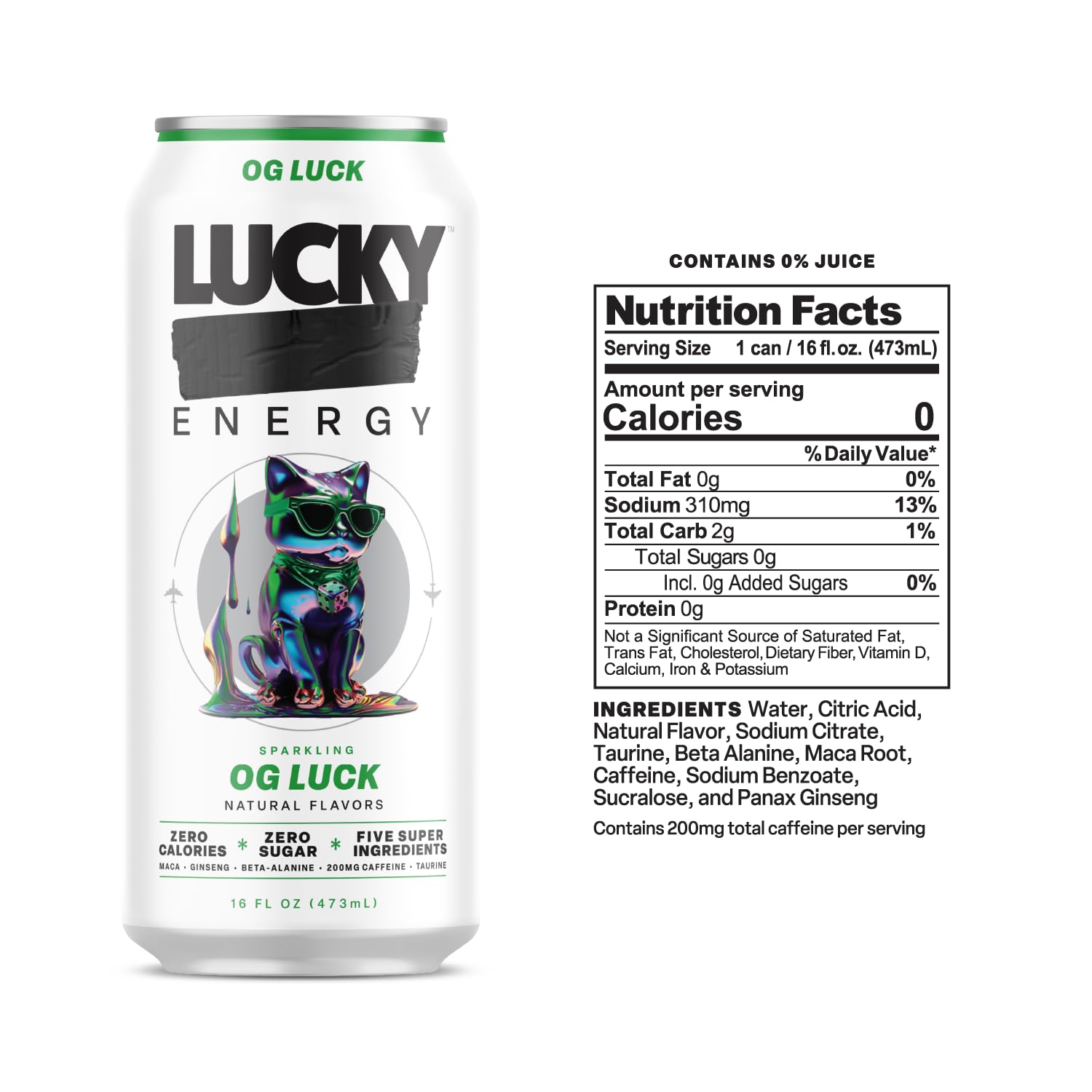 Lucky Energy OG Luck label close-up highlighting zero sugar and clean energy.