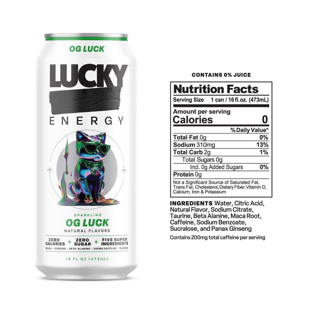 Lucky Energy OG Luck label close-up highlighting zero sugar and clean energy.