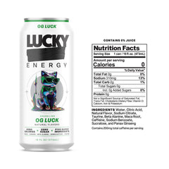 Lucky Energy OG Luck label close-up highlighting zero sugar and clean energy.