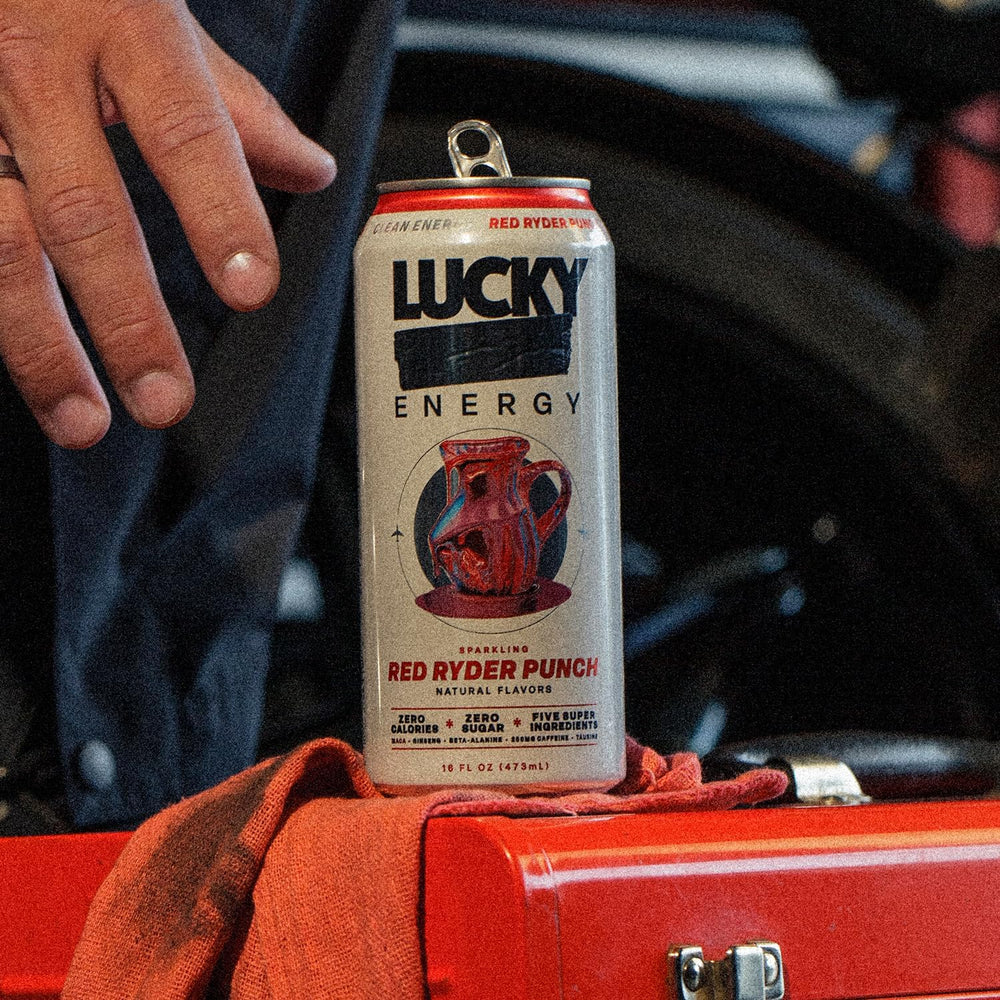 Lucky Energy 16oz can on kitchen counter signals convenient energy.