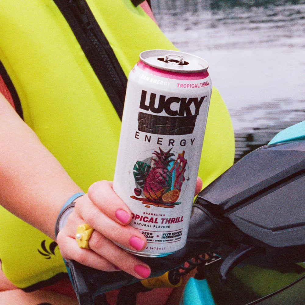 Lucky Energy close-up of maca-ginseng blend ingredients on the can.