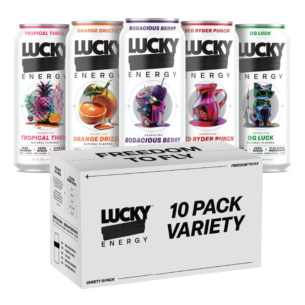 Lucky Energy Sugar Free Energy Drink can front view, zero sugar and steady energy.