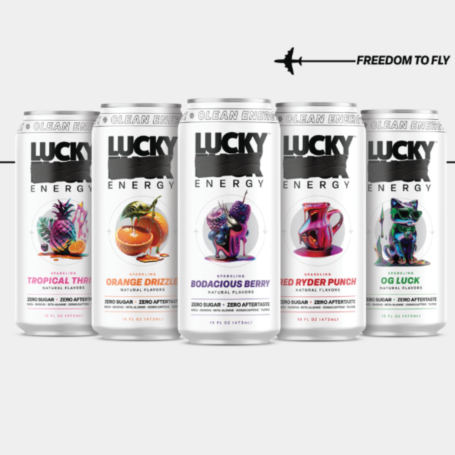 Lucky Energy different front pack featuring zero calories for everyday momentum.