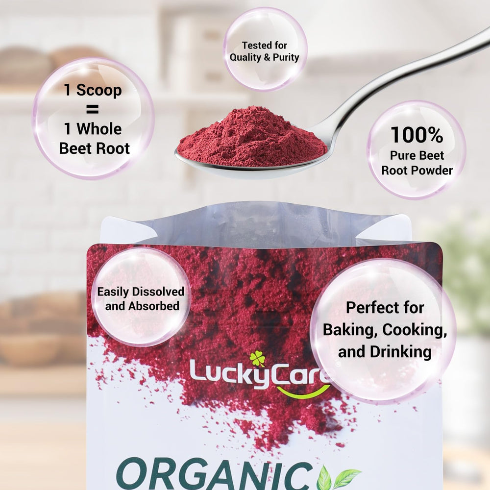 Luckycare Organic Raw Beet Root Powder texture closeup showing fine, clump-free powder.