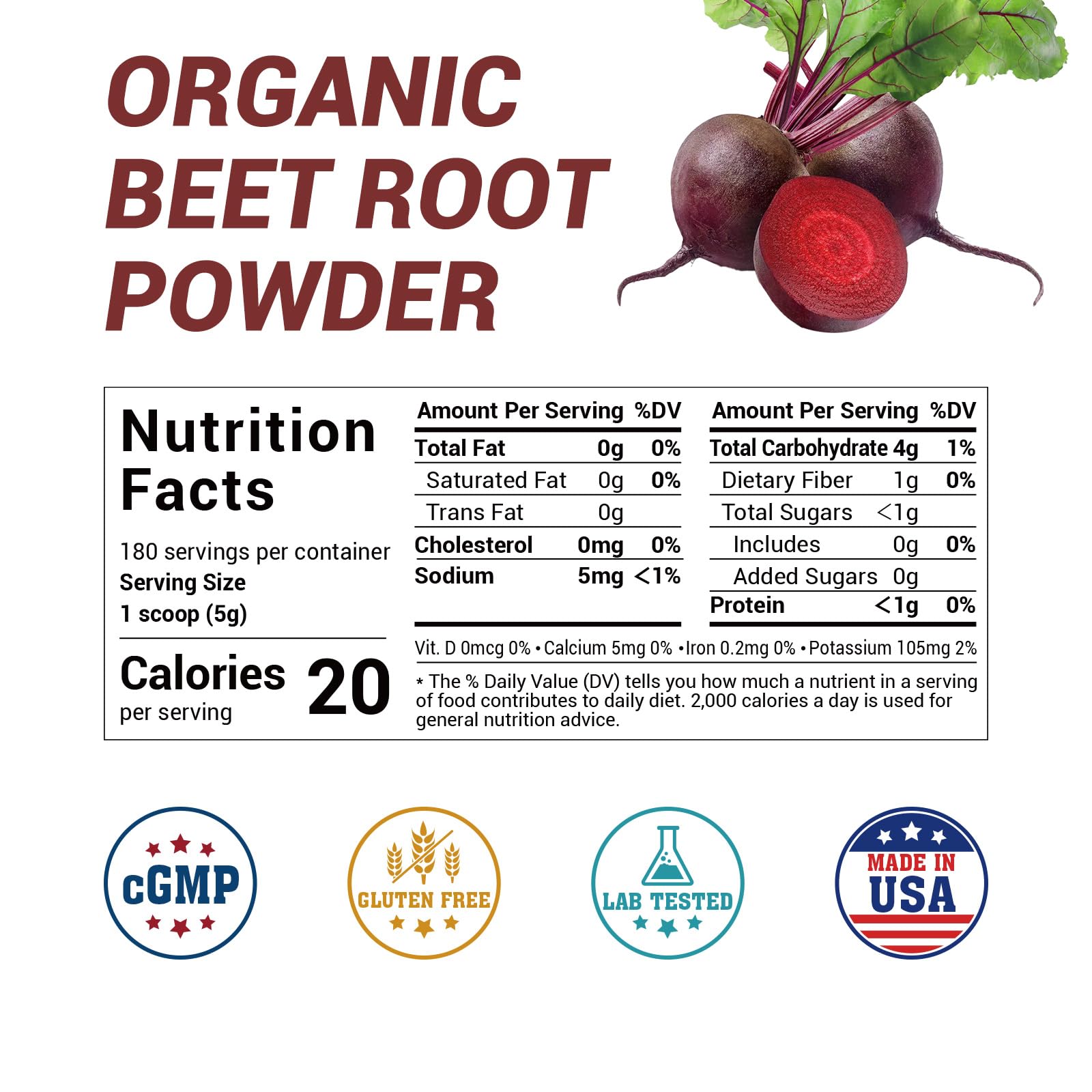 Luckycare Organic Raw Beet Root Powder bottle closeup label highlights non-GMO vegan quality.
