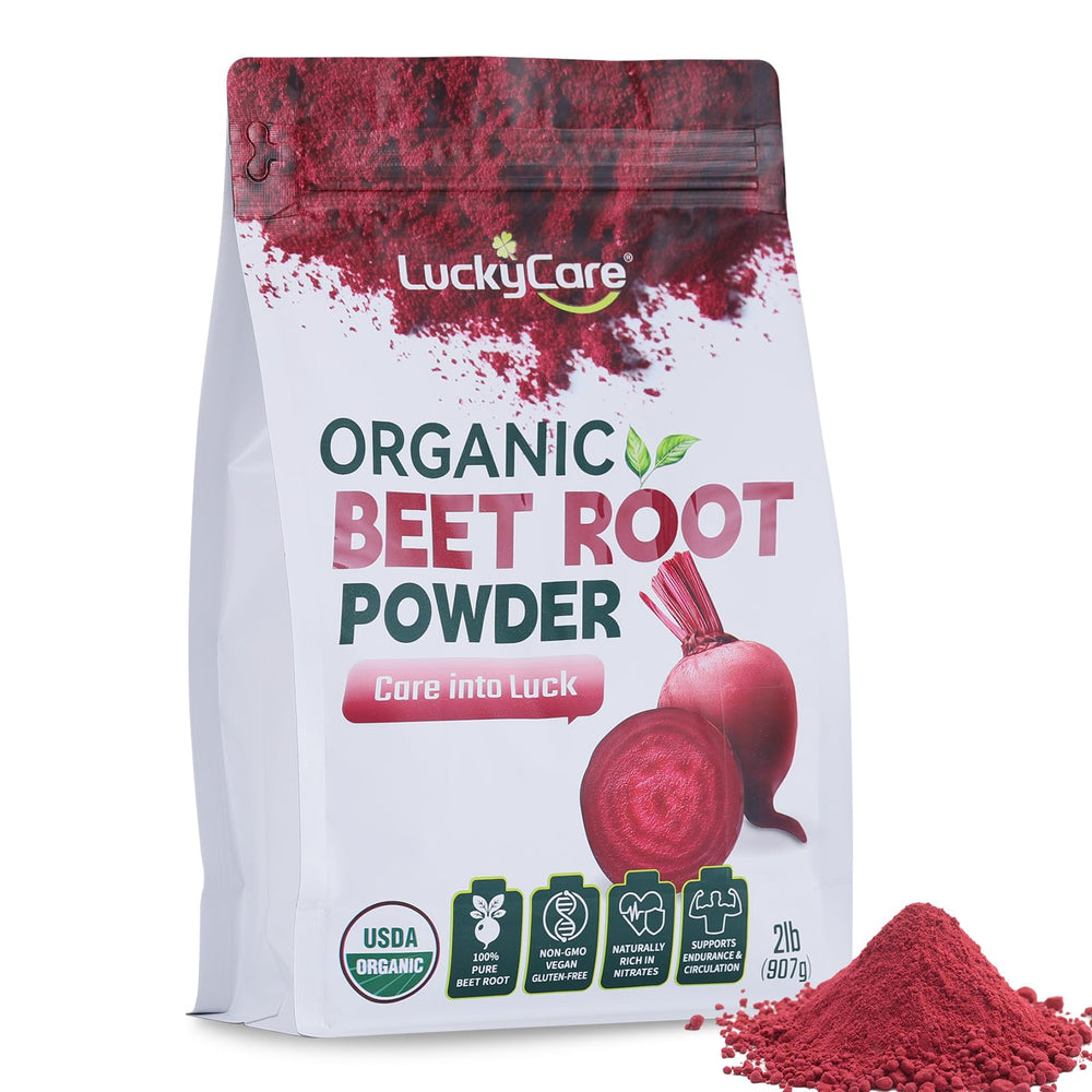 Luckycare Organic Raw Beet Root Powder jar front shows premium, pure beet powder for daily nutrition.