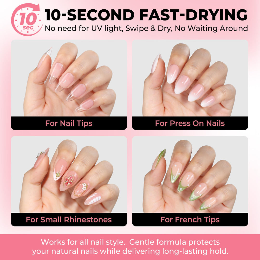 Luckyfairy versatile 4-in-1 nail glue for nails, tips, rhinestones.