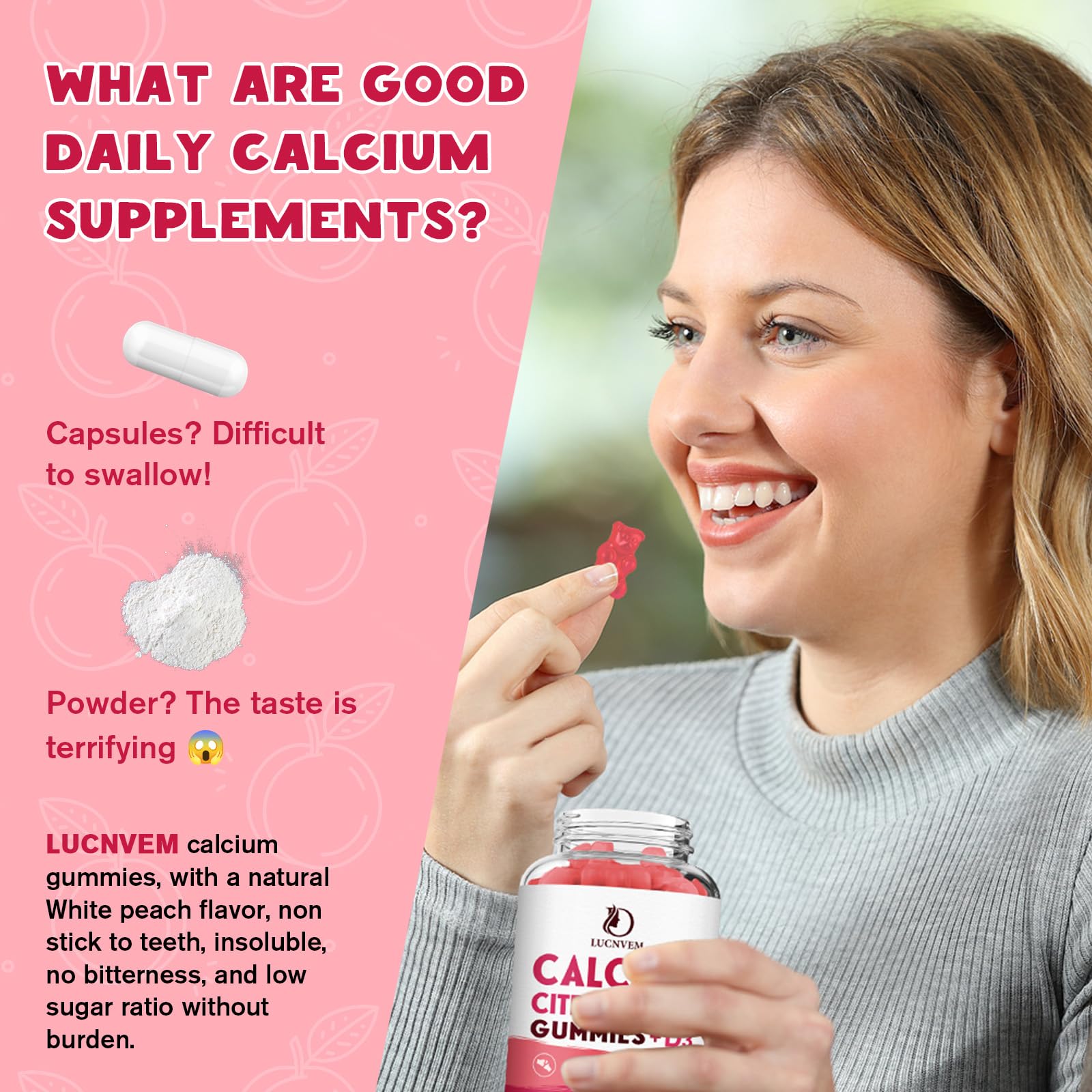 Bottle image emphasizes vitamin D3 and K2 benefits with trusted calcium citrate.
