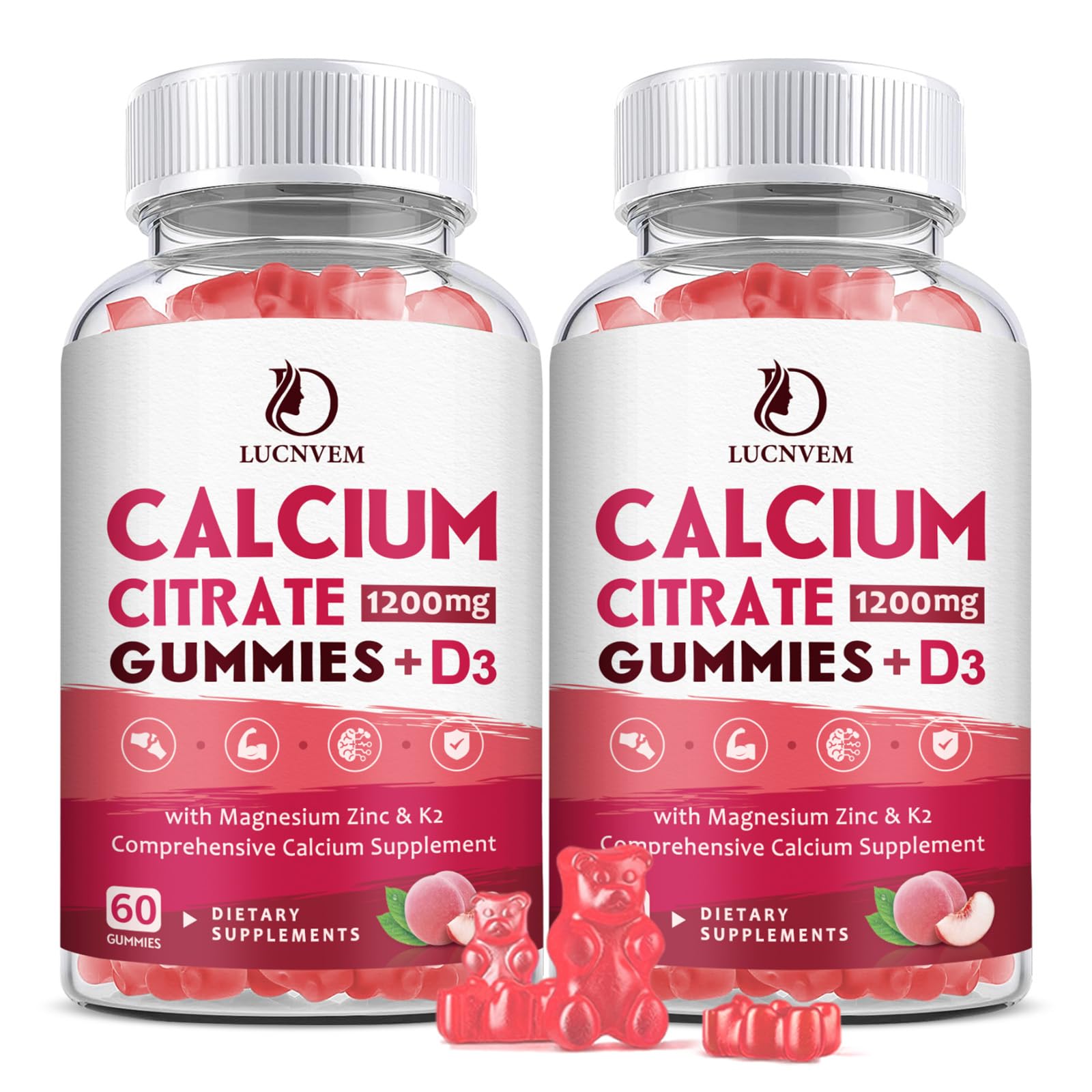 LUCNVEM calcium citrate gummies peach bottle with vitamin D3 and K2 for daily use.