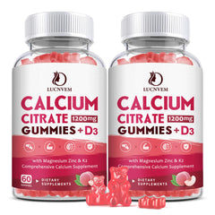 LUCNVEM calcium citrate gummies peach bottle with vitamin D3 and K2 for daily use.