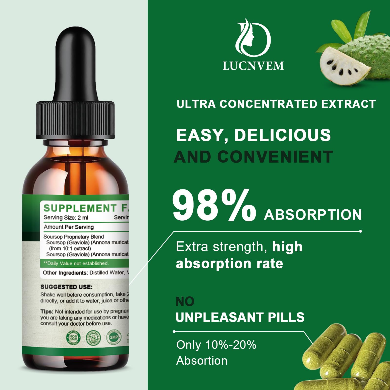LUCNVEM Soursop Drops label emphasizes organic ingredients and purity