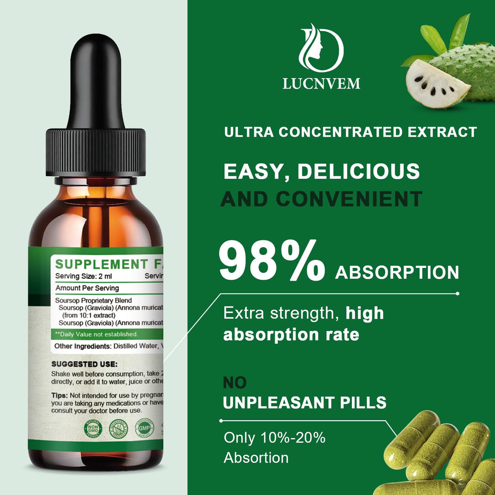 LUCNVEM Soursop Drops label emphasizes organic ingredients and purity