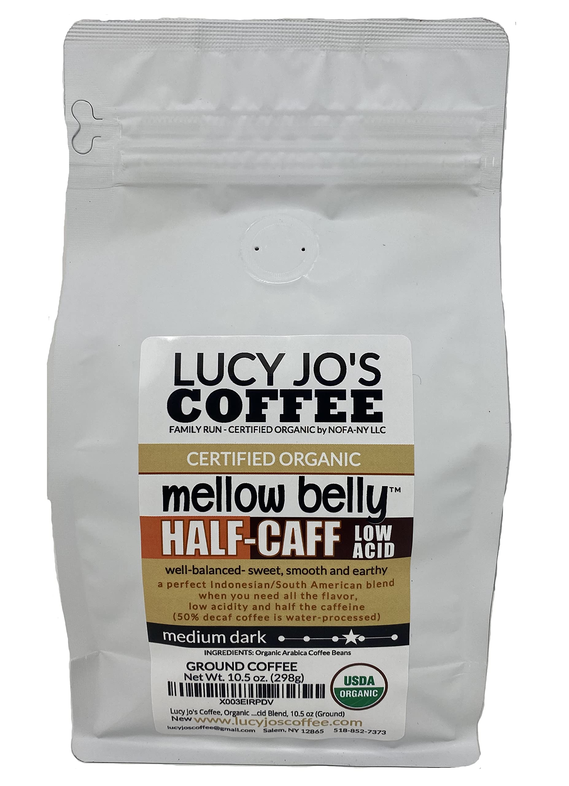 Lucy Jo's Coffee half-caff ground bag highlighting low acid, smooth flavor for all-day sipping