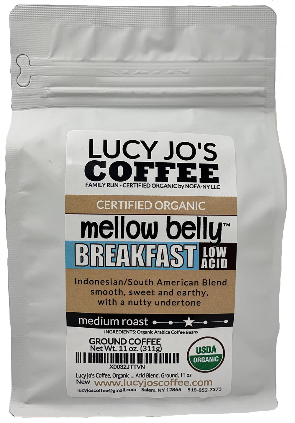 Lucy Jo's Organic Mellow Belly Ground Coffee, 11 oz, smooth and low-acid for mornings.