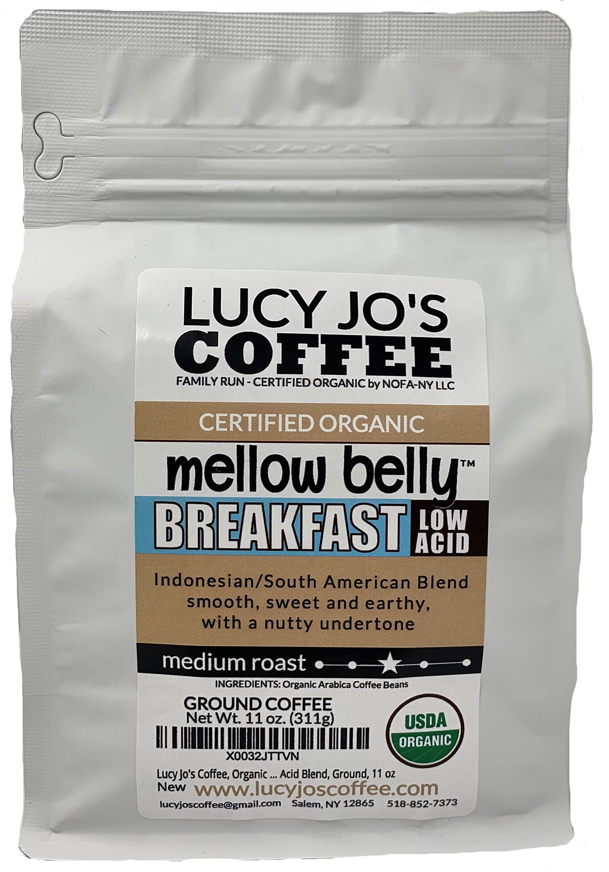 Lucy Jo's Organic Mellow Belly Ground Coffee, 11 oz, smooth and low-acid for mornings.