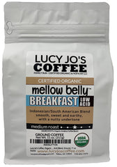 Lucy Jo's Organic Mellow Belly Ground Coffee, 11 oz, smooth and low-acid for mornings.