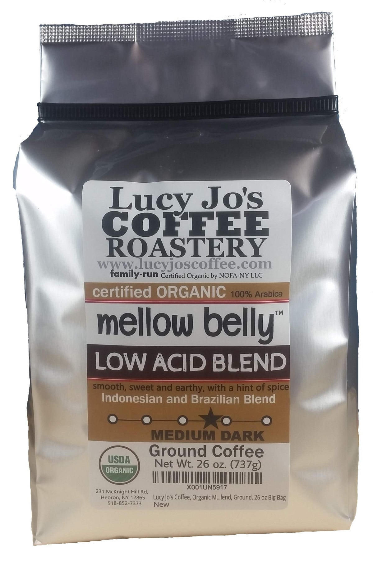Lucy Jo's Coffee Mellow Belly Low Acid Ground Coffee — easy on the stomach with a rich aroma.