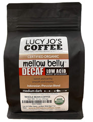 Lucy Jo's Organic Decaf Mellow Belly whole bean coffee for a smooth, low-acid cup