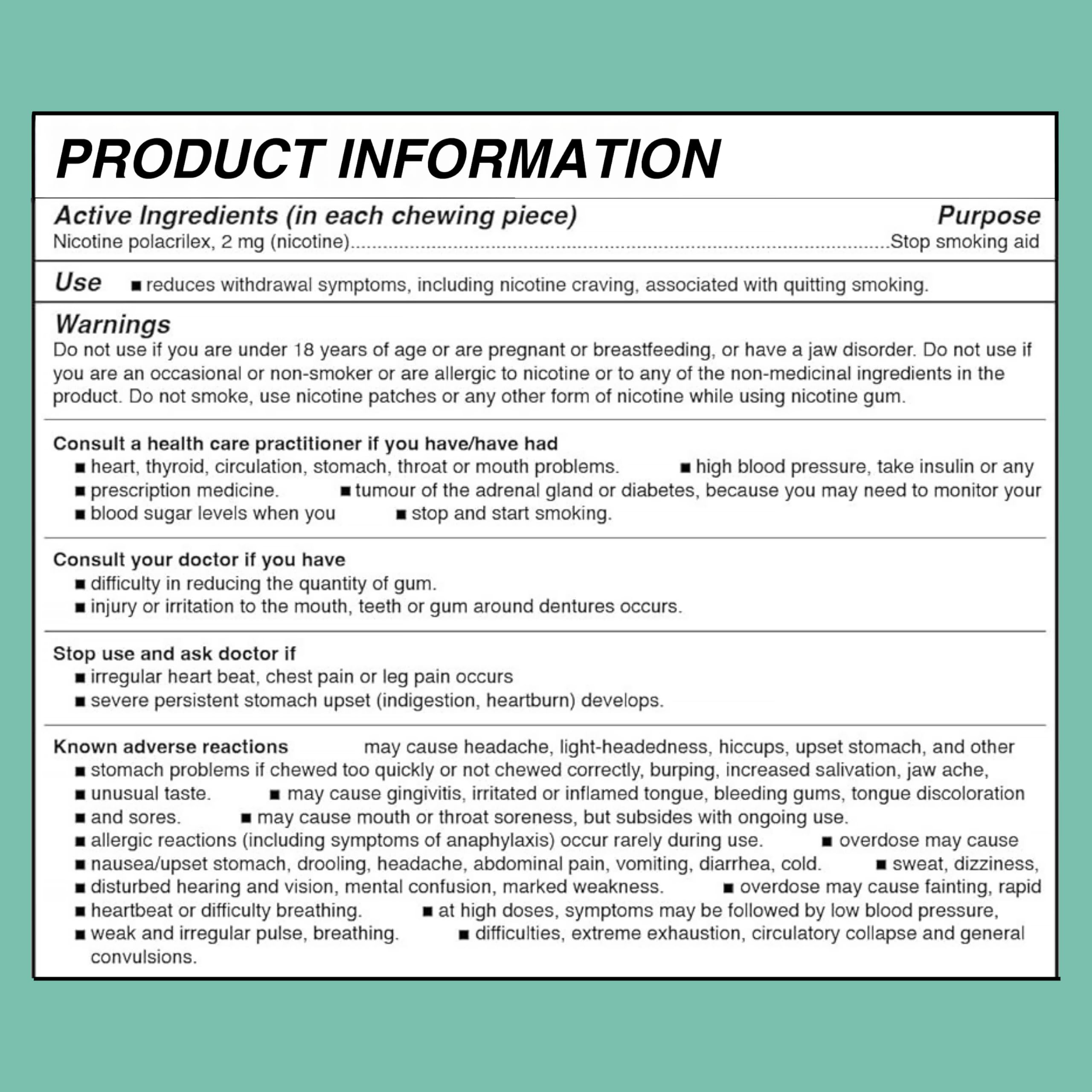 LUCY nicotine gum 2mg mint dosage card demonstrates usage guidance plus motivation.